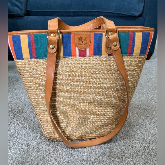 Il Bisonte Natural Straw Basket / Tote with Multicolor Trim and leather straps. - Picture 6 of 9